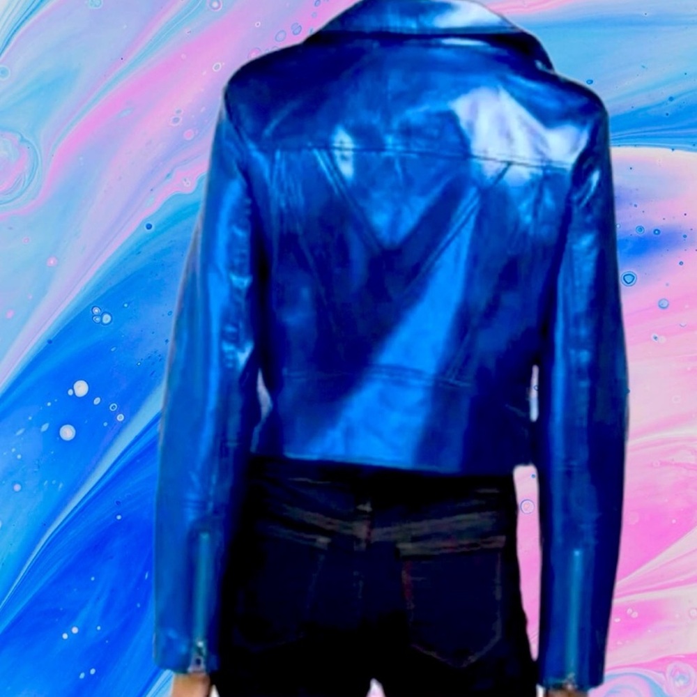 NWT 7 For All Mankind Faux Electric METALLIC Blue Moto / Biker Jacket Sz… - Picture 6 of 16